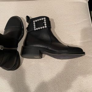 Black moto leather short boots with Crystal buckle